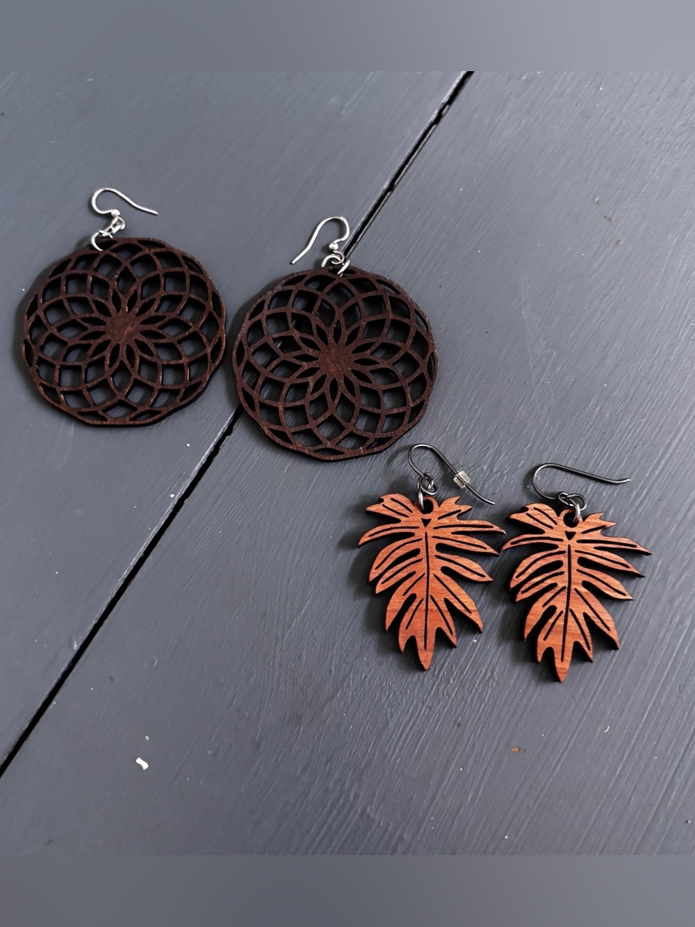 Handcrafted Brown Wooden Leaf and Mandala Earrings Set